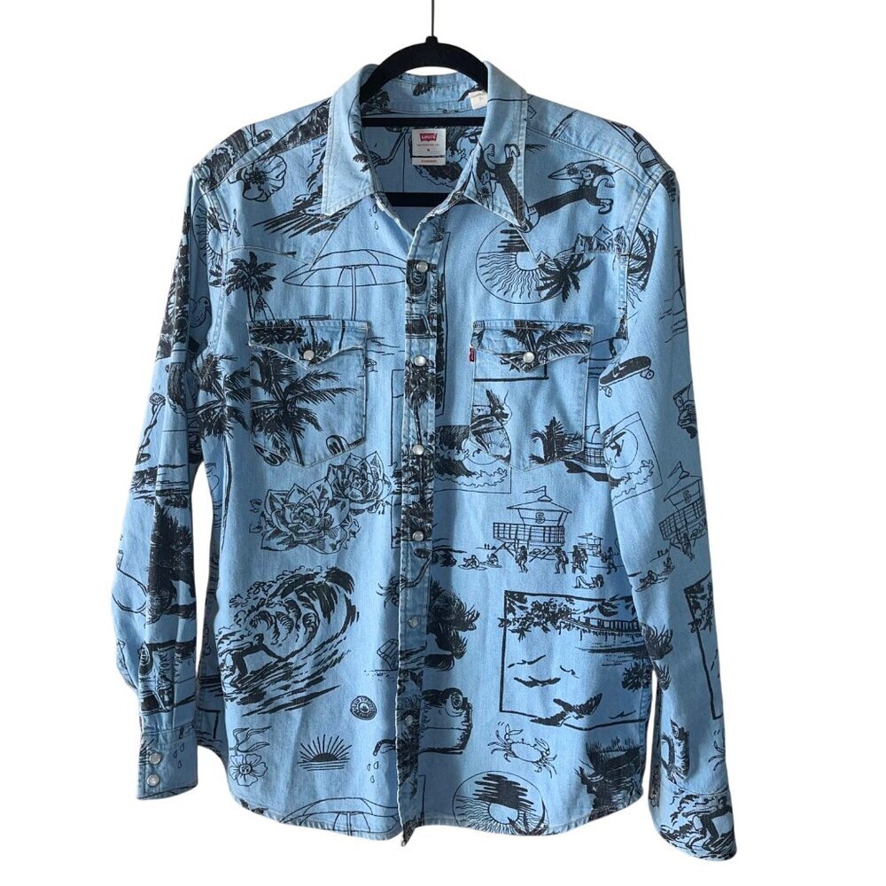 Levis Mens Shirt Size Medium Blue Denim Pearl Snap Summer Print Classic Western